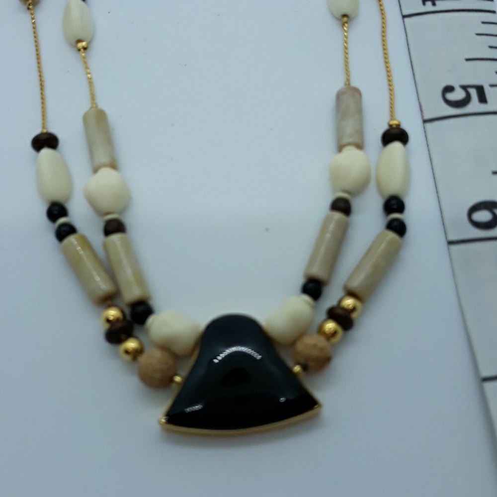 Vintage Artdeco Necklace Goldtone w Black Pendant